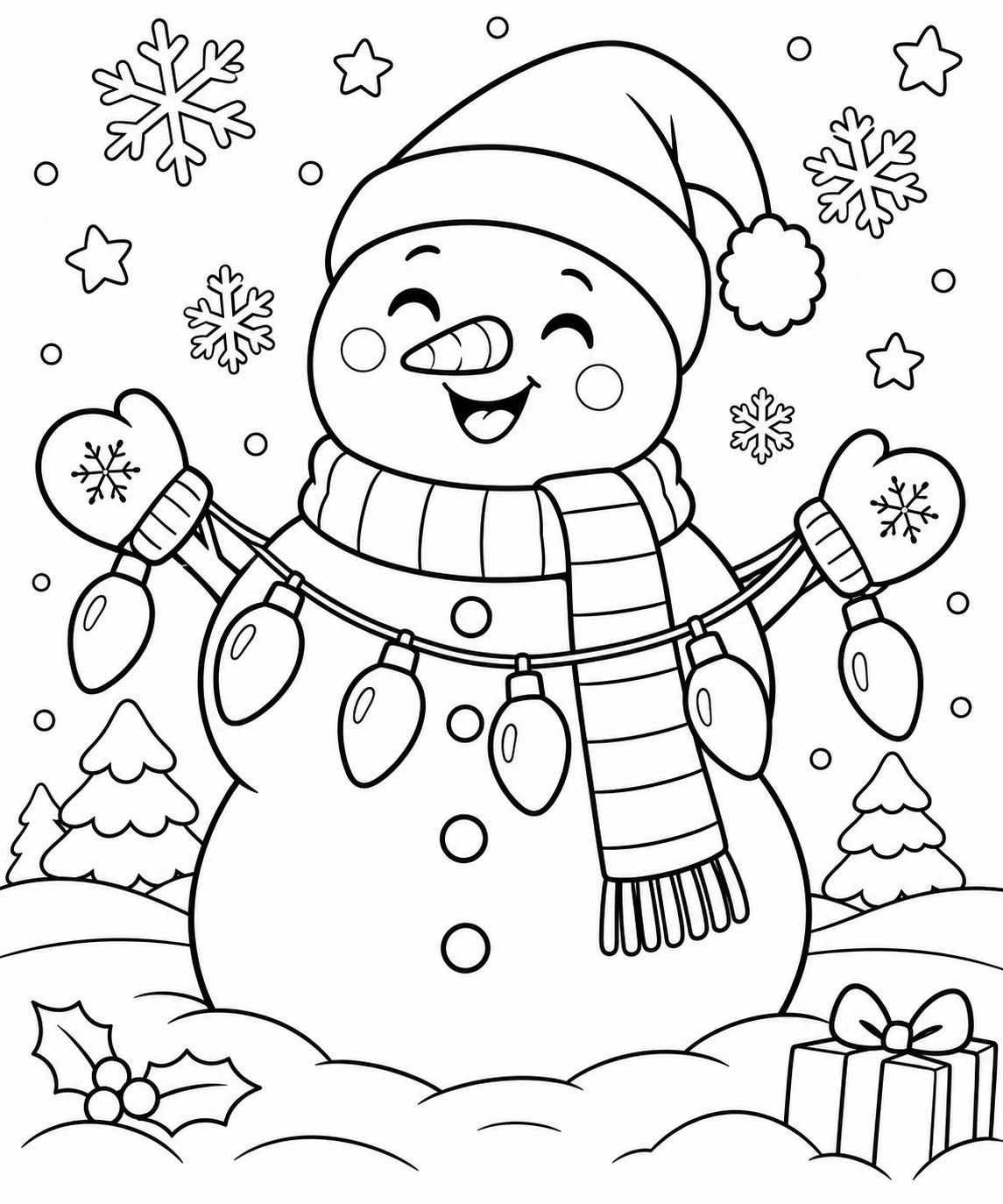Snowman Christmas Lights Coloring Page Easy Christmas lights coloring page for kids with a smiling snowman holding oversized bulbs | Sky Rye Design Easy Christmas lights coloring page for kids with a smiling snowman holding oversized bulbs