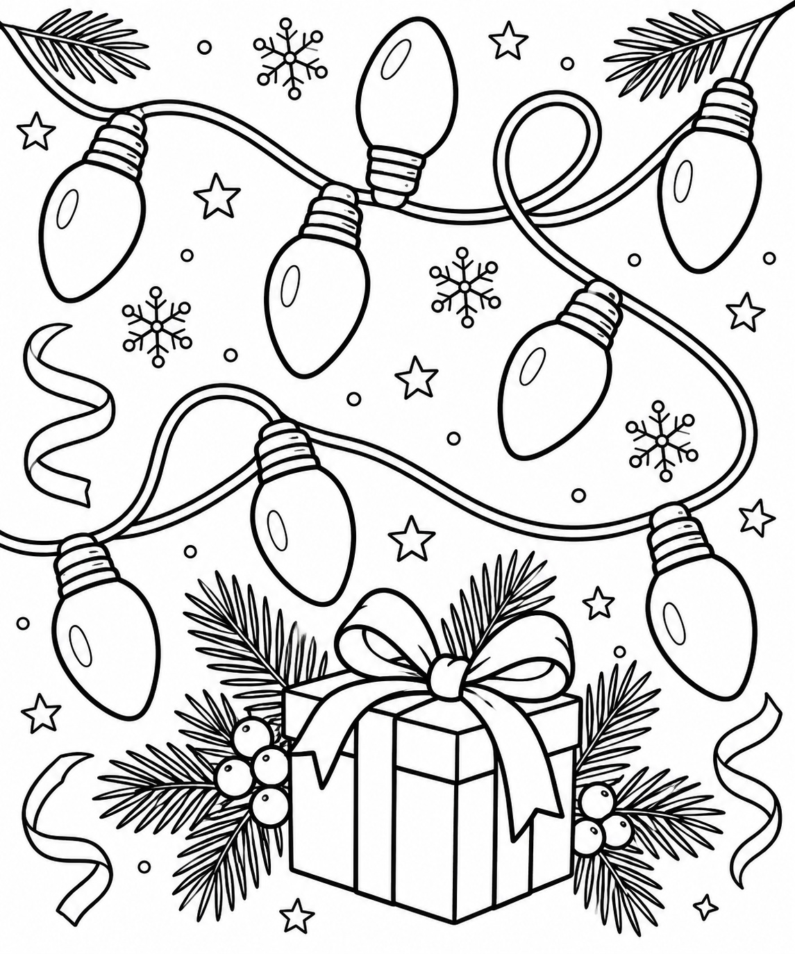 Christmas Lights Coloring Page with Gift Christmas lights coloring page with string lights, pine sprigs, snowflakes, stars, and a gift box | Sky Rye Design Christmas lights coloring page with string lights, pine sprigs, snowflakes, stars, and a gift box