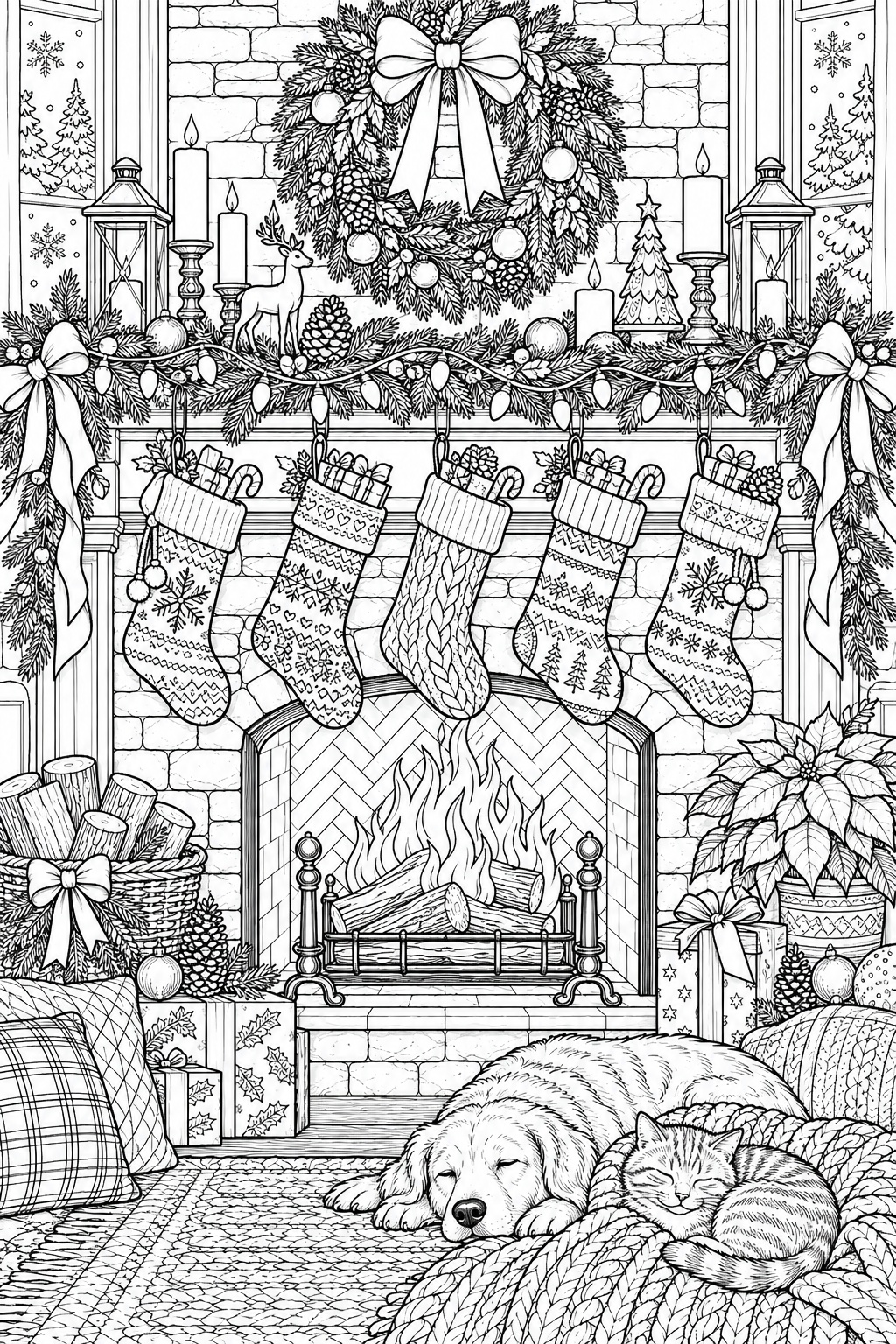 Christmas Lights Fireplace Coloring Page Detailed Christmas lights coloring page with fireplace mantel, stockings, pine garland, candles, gifts, dog and cat | Sky Rye Design Detailed Christmas lights coloring page with fireplace mantel, stockings, pine garland, candles, gifts, dog and cat