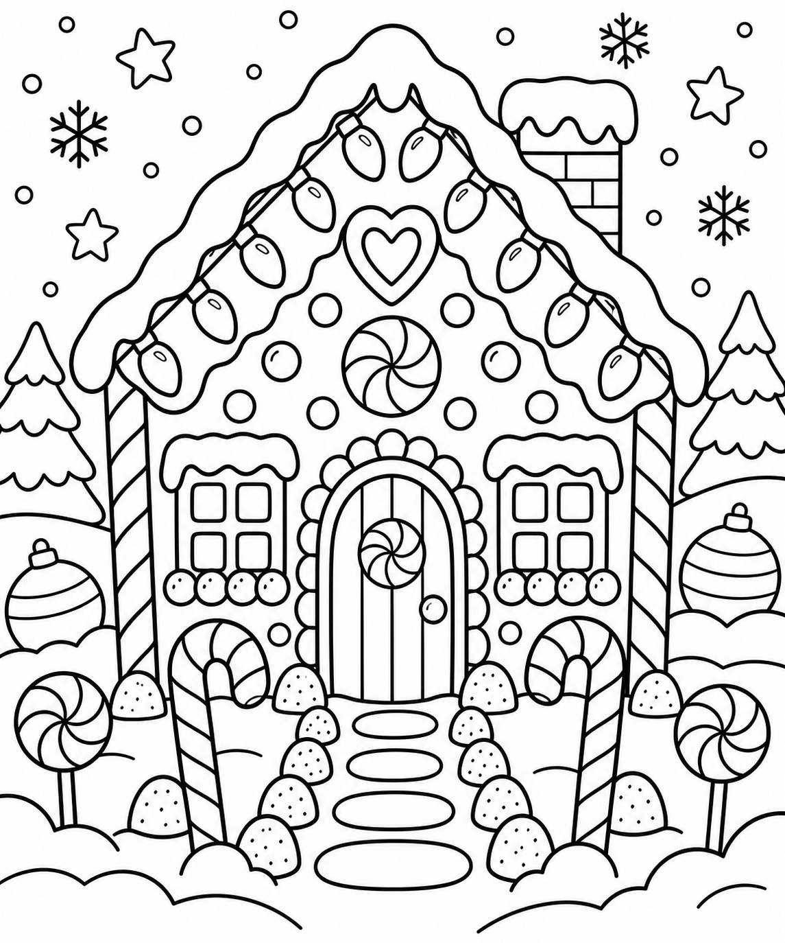 Gingerbread House Christmas Lights Coloring Page Christmas lights coloring sheet with gingerbread house, candy canes, snowy roof, and large bulbs | Sky Rye Design Christmas lights coloring sheet with gingerbread house, candy canes, snowy roof, and large bulbs