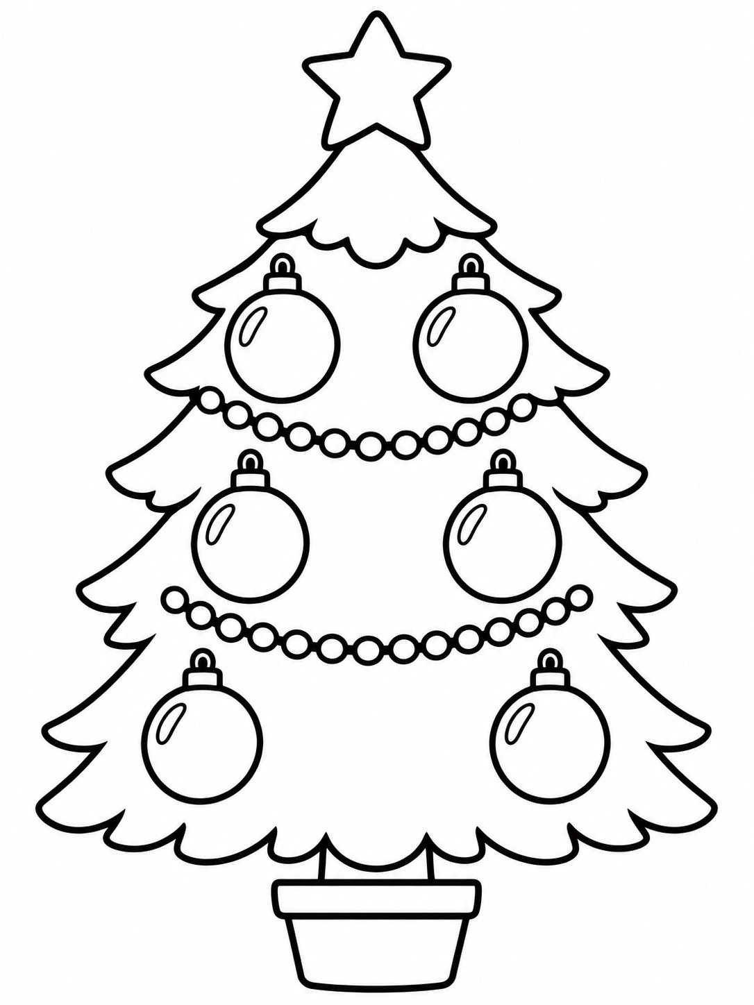 Christmas tree ornaments coloring page Outlined Christmas tree in a pot, with a star on top and round baubles along garlandsy | Sky Rye Design Christmas tree decorated with six large round ornaments, two garlands, and a star.