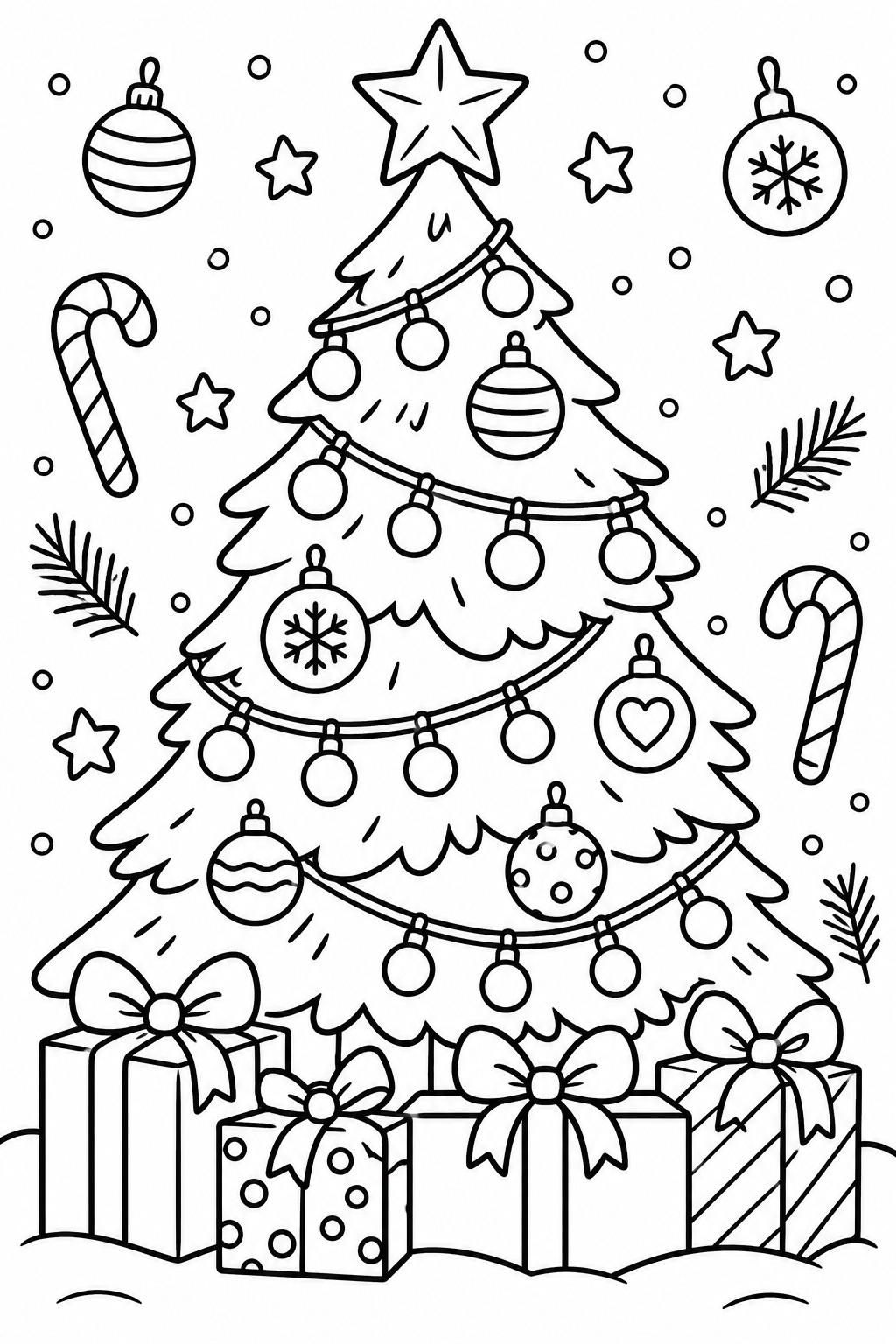 Christmas Tree with Lights Coloring Page Christmas tree with lights coloring page featuring gifts, ornaments, candy canes, and large bulbs | Sky Rye Design Christmas tree with lights coloring page featuring gifts, ornaments, candy canes, and large bulbs