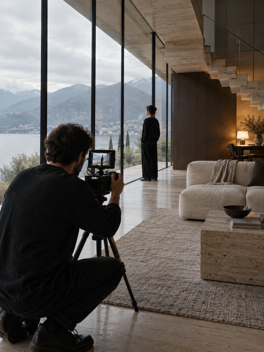 Cinematic storytelling in a modern interior Filmmaker framing a person through a compact cinema camera in a glass-and-travertine residence. | Sky Rye Design Filmmaker framing a person through a compact cinema camera in a glass-and-travertine residence.