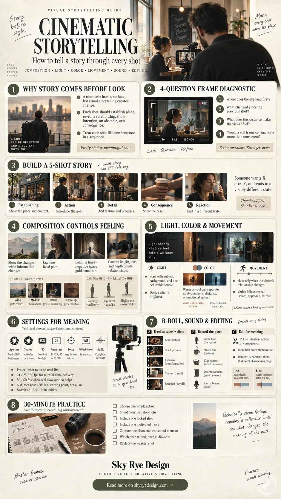 0ce451b1-c8de-4924-82d7-86e96d76038c Cinematic Storytelling infographic explaining how to tell a story through shots, with sections on why, framing, building a 5-shot story, and editing. | Sky Rye Design Infographic breaking down eight steps for cinematic storytelling, covering composition, lighting, camera settings, and editing