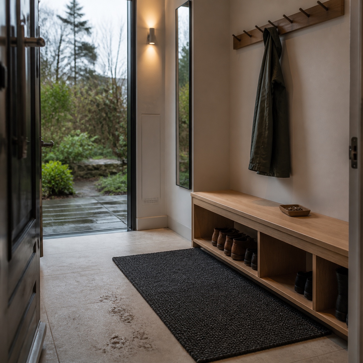 Clean Air Modern Entryway Design Modern entryway with shoe storage, washable mat, stone floor, and concealed ventilation return. | Sky Rye Design Modern entryway with shoe storage, washable mat, stone floor, and concealed ventilation return.