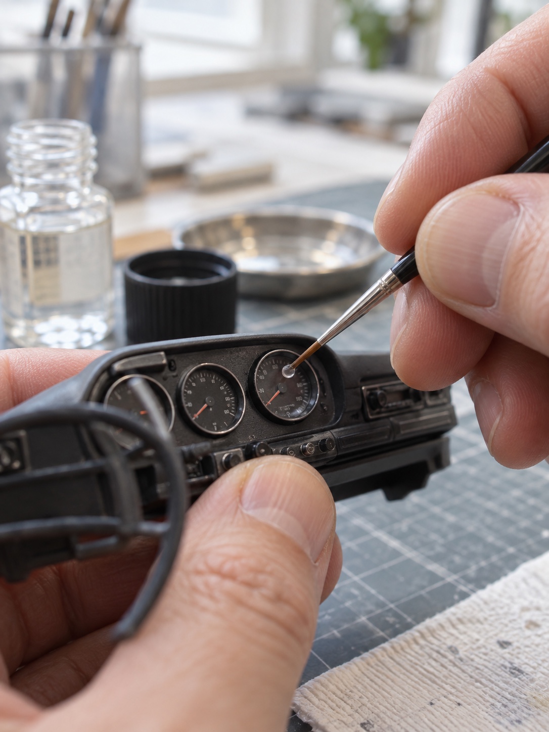 Adding a clear lens to a model car gauge Fine brush applying a clear gloss droplet to a scale model dashboard gauge | Sky Rye Design Fine brush applying a clear gloss droplet to a scale model dashboard gauge