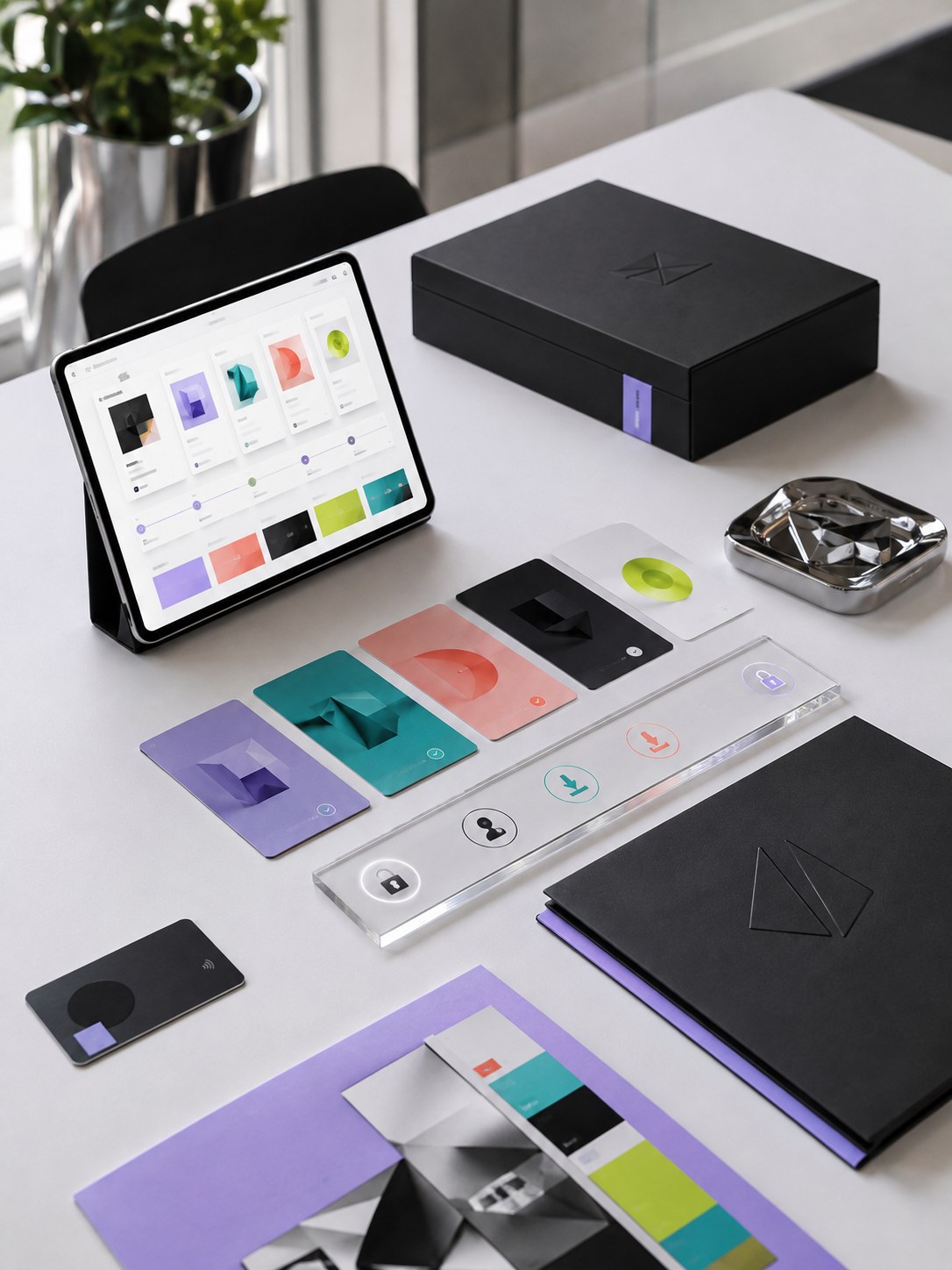 A refined client handoff table with a tablet portal, approved asset cards, and download permission symbols.
