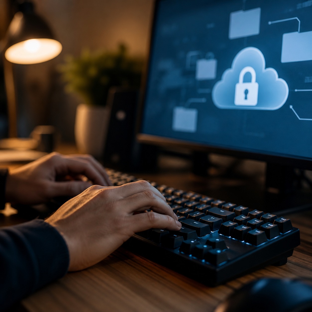 Hands typing beside a monitor with a secure cloud storage interface