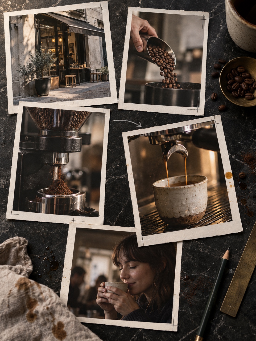 Five-shot coffee story sequence Five photographic prints showing a café exterior, beans, grinder, espresso pour, and customer reaction. | Sky Rye Design Five photographic prints showing a café exterior, beans, grinder, espresso pour, and customer reaction.