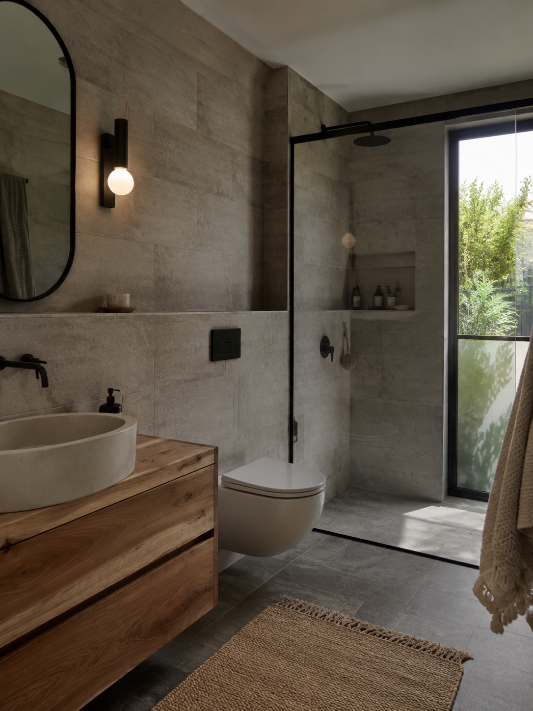 Cohesive Modern Sustainable Bathroom Interior Cohesive modern sustainable bathroom with matte black fixtures, stone, and warm wood. | Sky Rye Design Cohesive modern sustainable bathroom with matte black fixtures, stone, and warm wood.