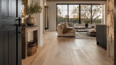 A sophisticated modern home interior with cohesive flooring running from entry to living space.