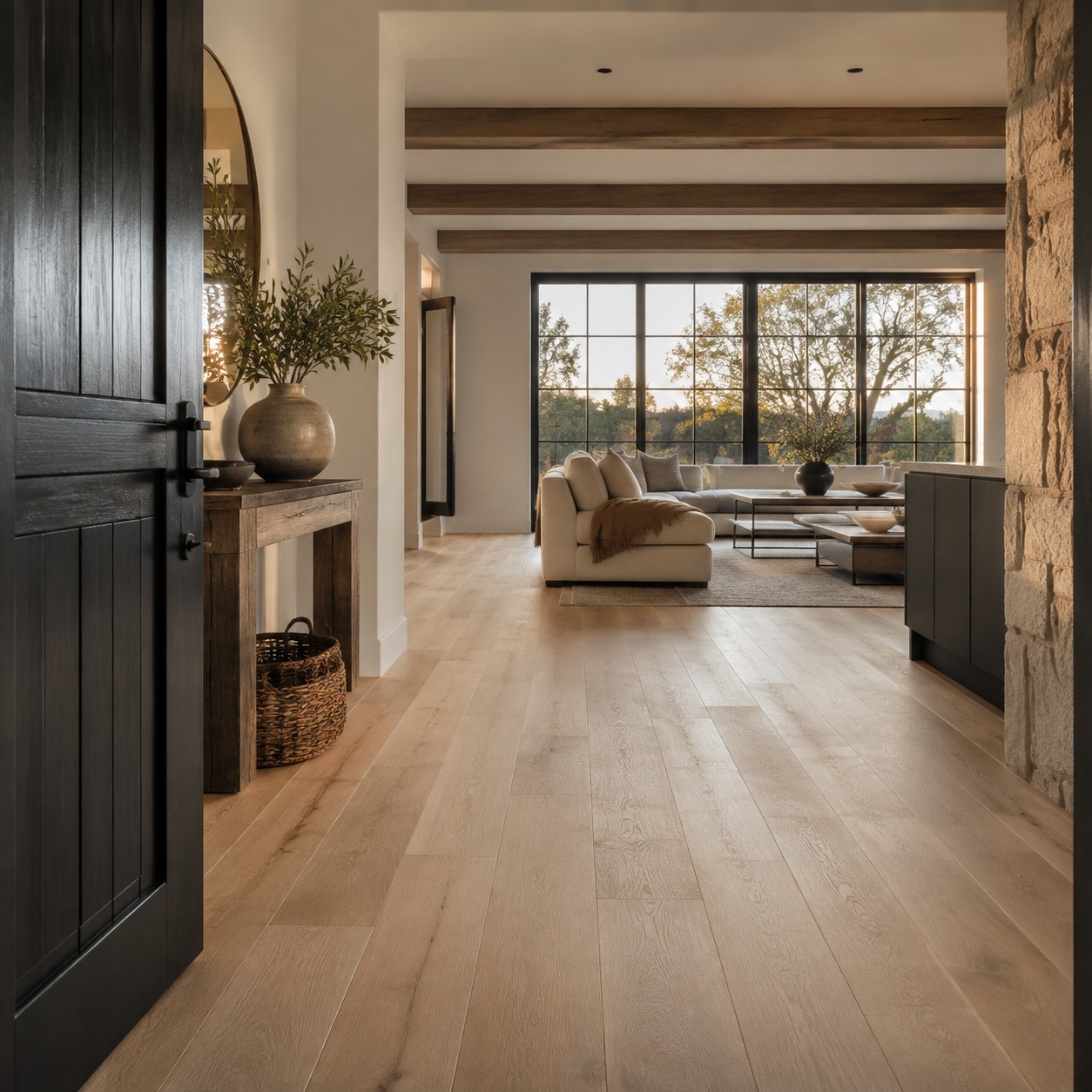 Cohesive Quality Flooring in a Modern Home Interior A sophisticated modern home interior with cohesive flooring running from entry to living space. | Sky Rye Design A sophisticated modern home interior with cohesive flooring running from entry to living space.