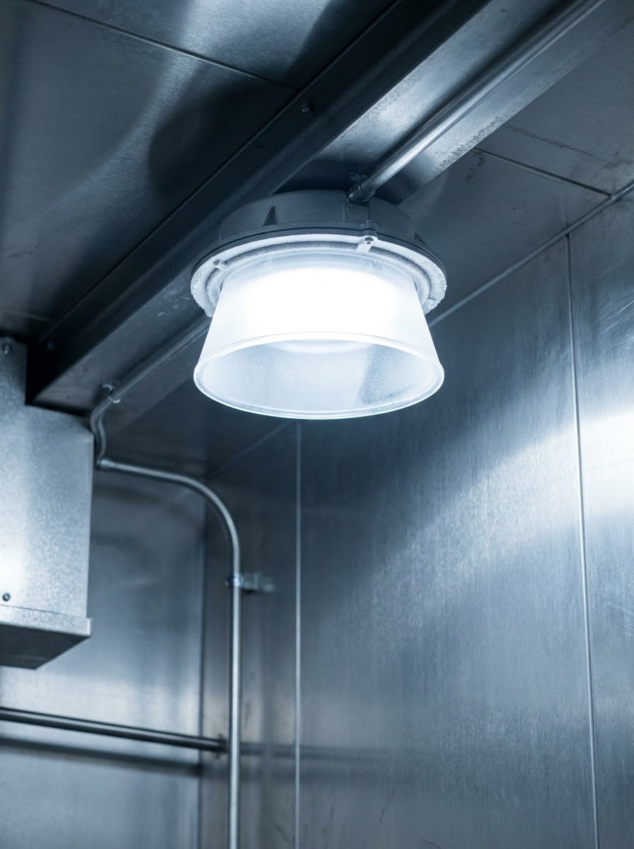 Cold-Rated Walk-In Freezer Lighting Vapor-tight cold-rated light illuminating a clean walk-in freezer interior | Sky Rye Design Vapor-tight cold-rated light illuminating a clean walk-in freezer interior