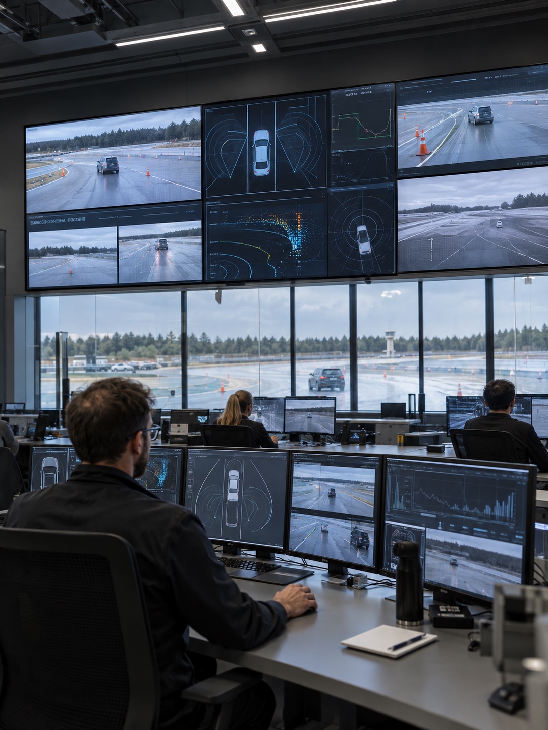 Collision Avoidance Test Control Room Automotive test control room monitoring collision-avoidance data on wall displays | Sky Rye Design Automotive test control room monitoring collision-avoidance data on wall displays