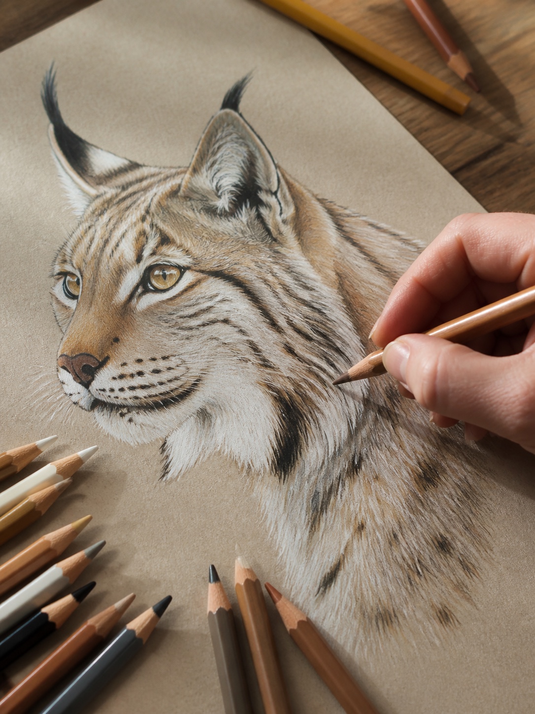 Hand layering colored pencil fur texture onto a lynx illustration with warm window light.