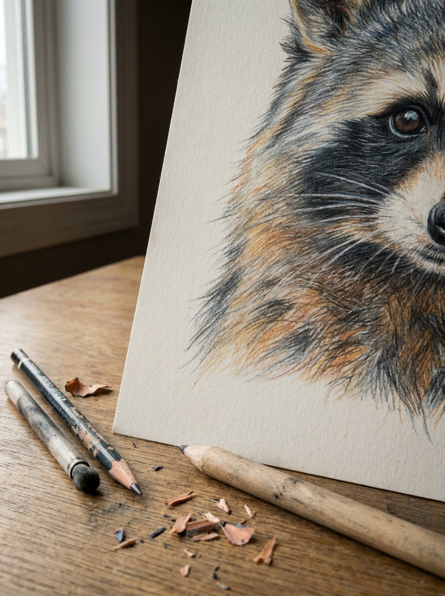 Colored pencil raccoon study with ochre under cool gray fur