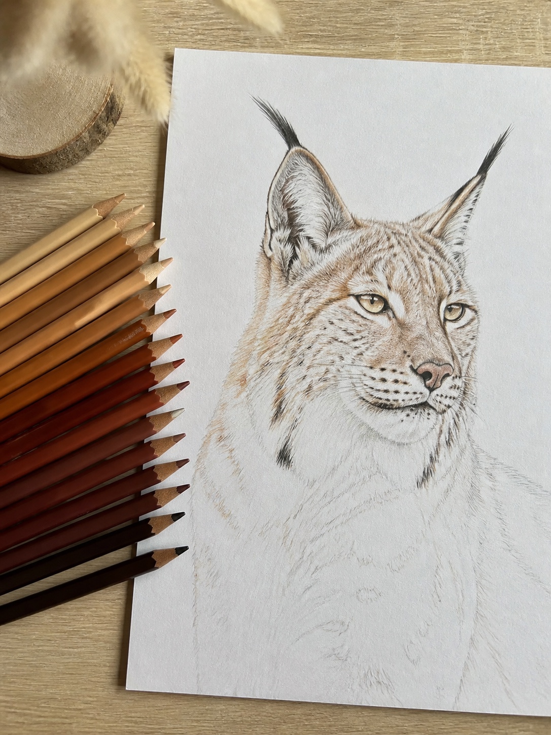 Colored pencils fanned from tan to dark umber beside a partially colored lynx sketch on a wood desk.
