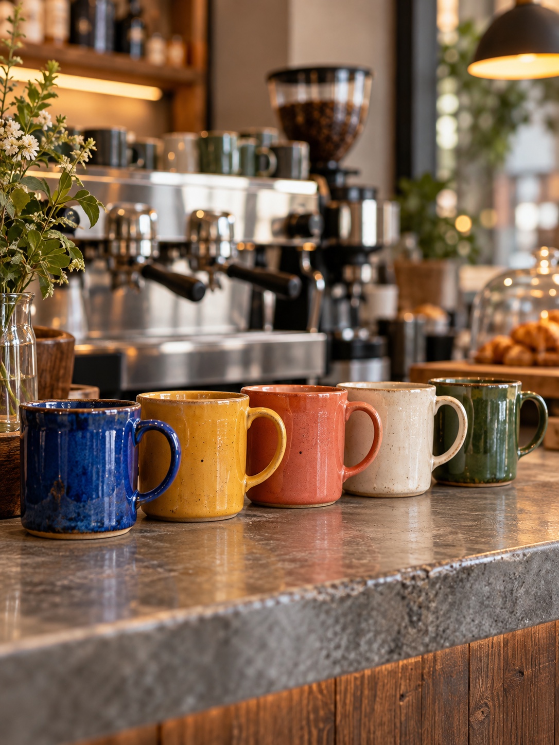 Line of colourful ceramic mugs on a contemporary cafe counter under warm lighting