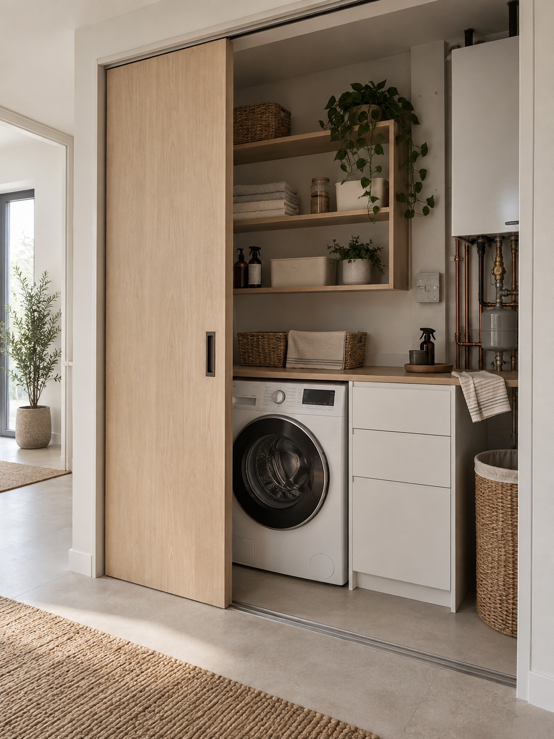 Combined laundry and utility closet Modern laundry and utility zone concealed behind a minimalist sliding door | Sky Rye Design Modern laundry and utility zone concealed behind a minimalist sliding door