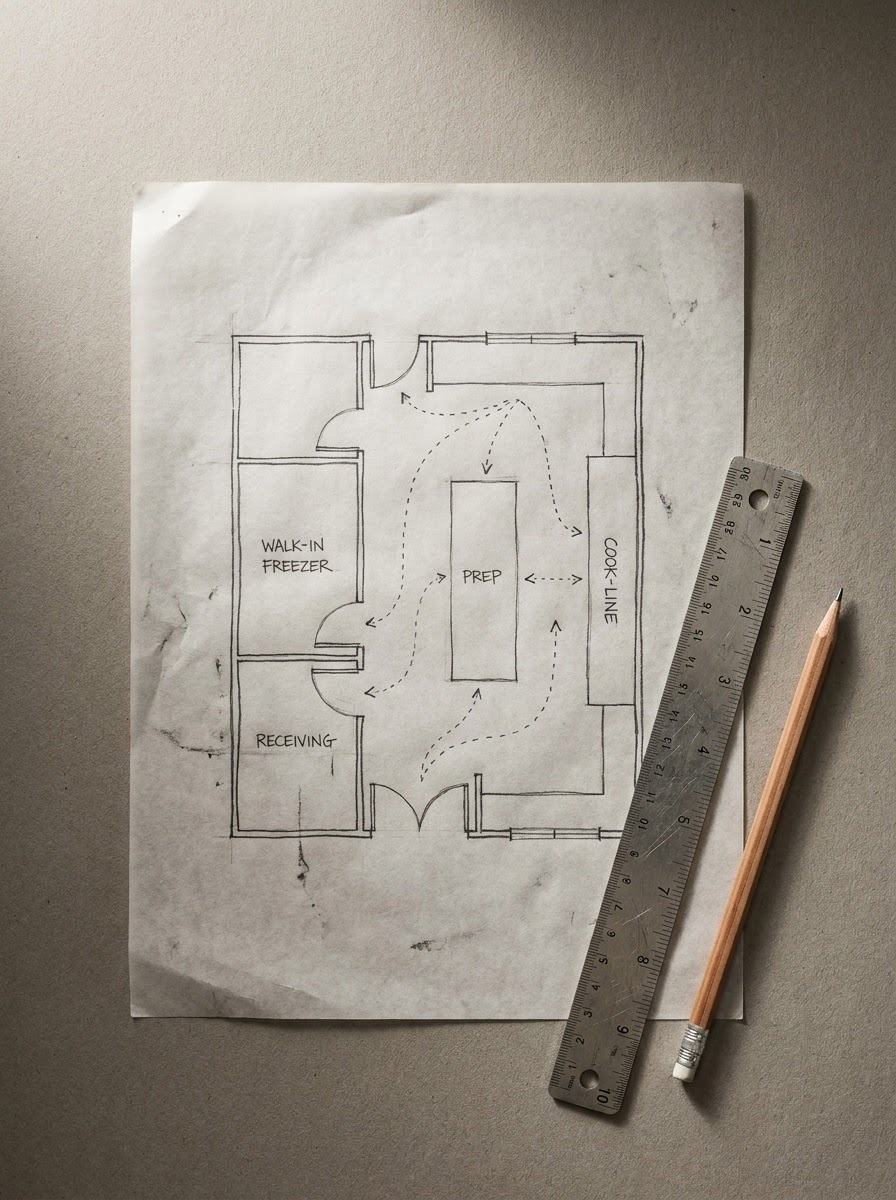 Commercial Kitchen Workflow Plan Overhead floor plan sketch mapping receiving, freezer, prep and cooking routes | Sky Rye Design Overhead floor plan sketch mapping receiving, freezer, prep and cooking routes