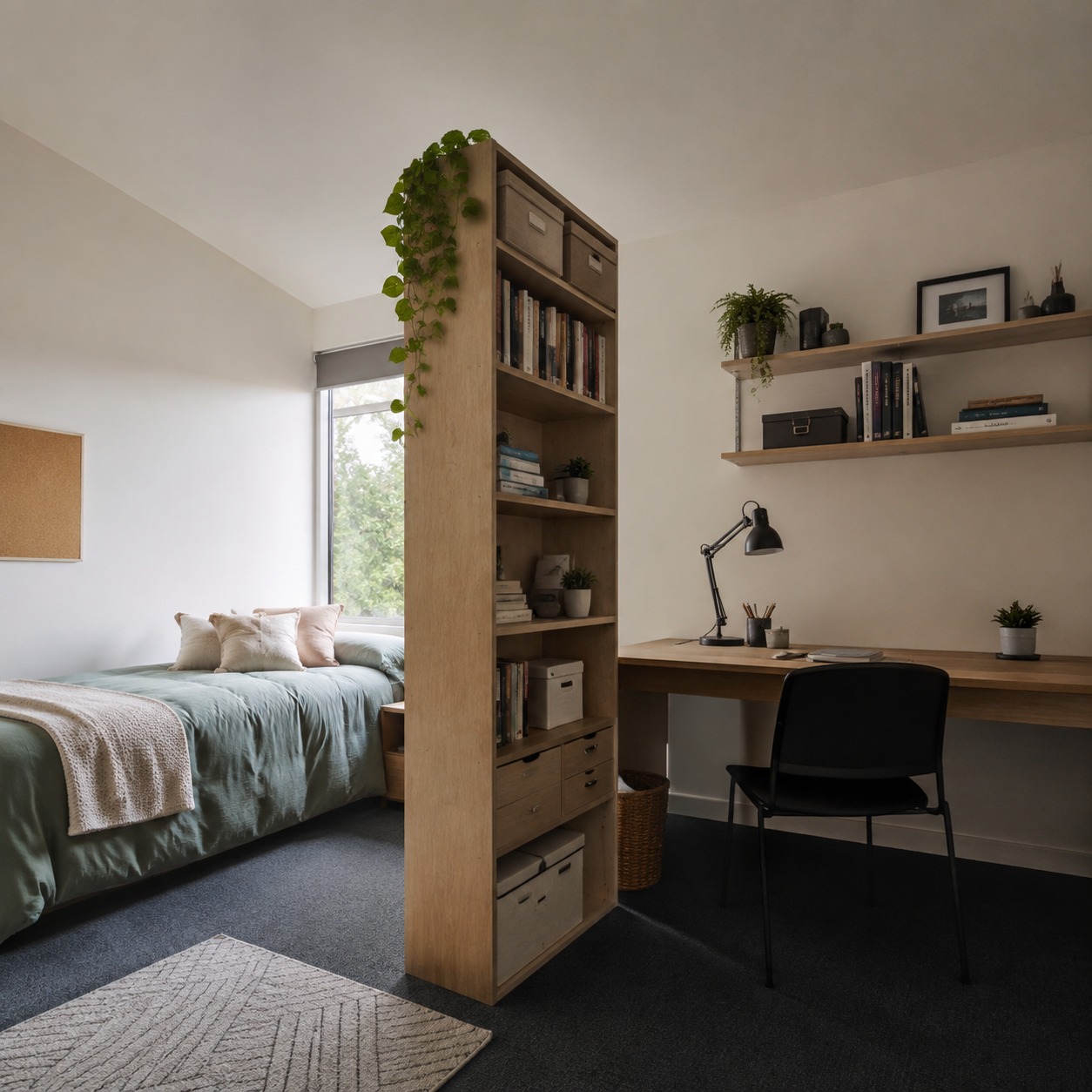 Zoned compact dorm room layout Compact dorm room with a separated bed, desk, and bookshelf divider. | Sky Rye Design Compact dorm room with a separated bed, desk, and bookshelf divider.