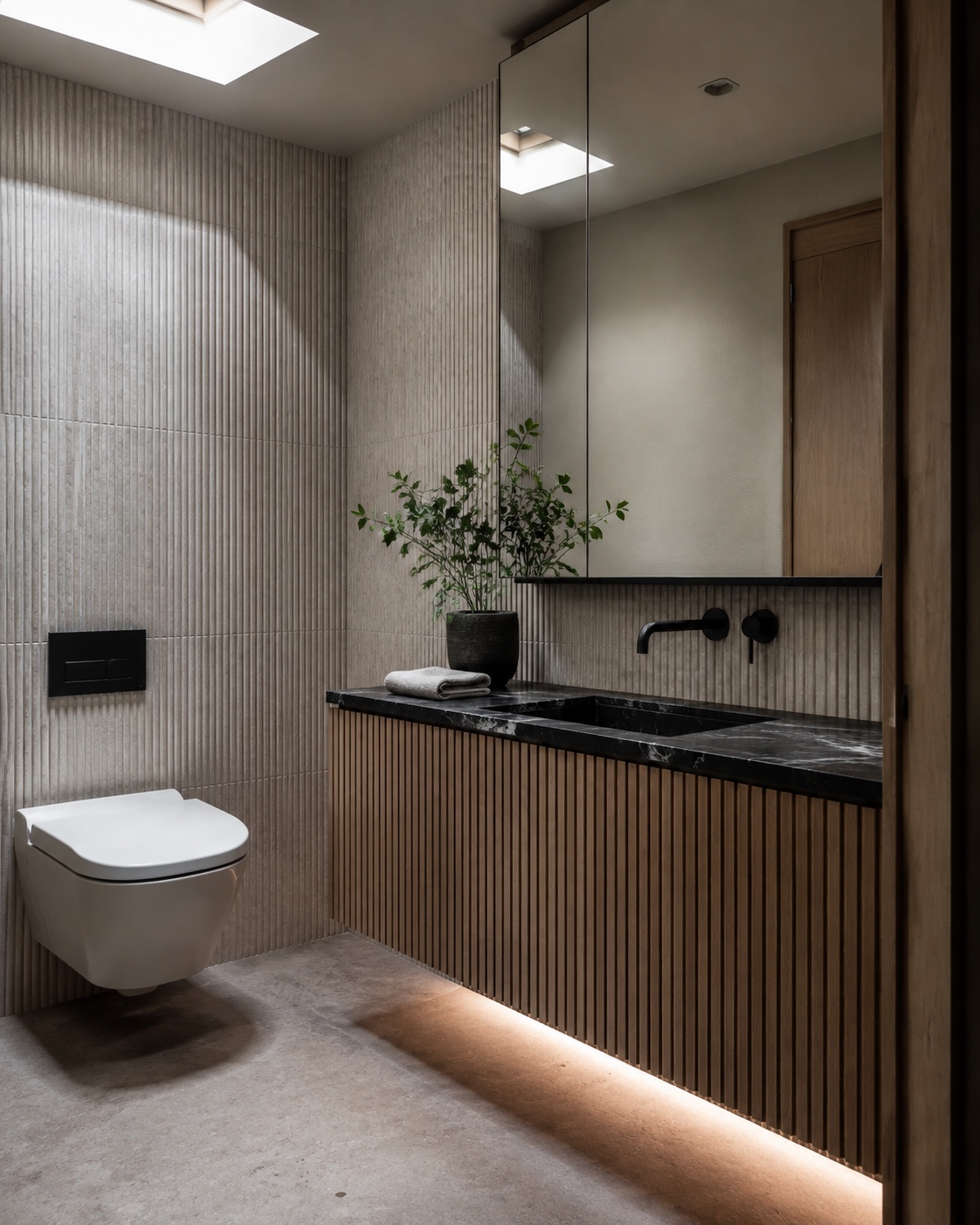 Compact wall hung luxury vanity unit with fluted oak doors, black marble top and modern bathroom storage