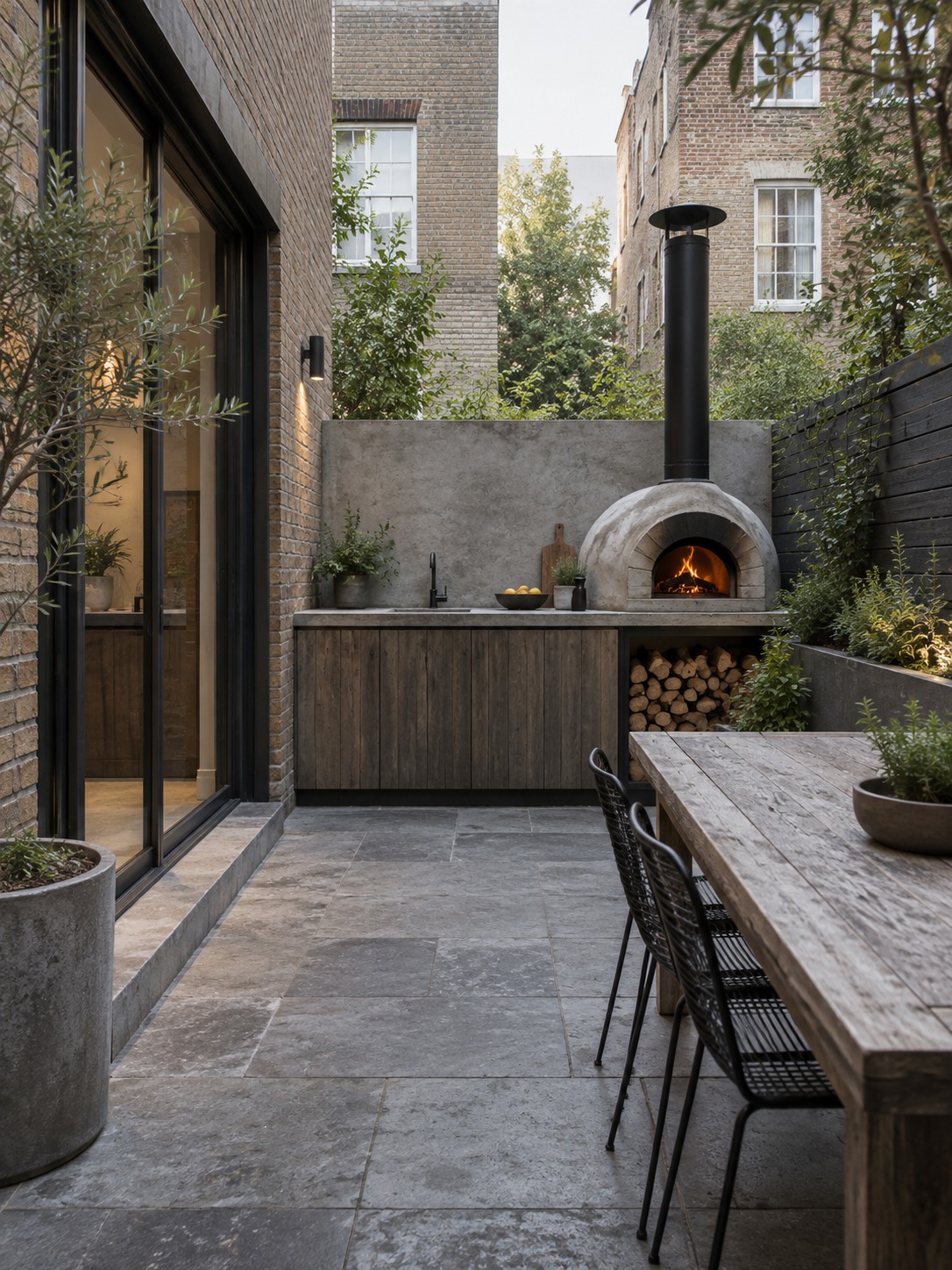 Compact patio kitchen pizza oven Compact pizza oven and narrow counter in an urban patio | Sky Rye Design Compact pizza oven and narrow counter in an urban patio