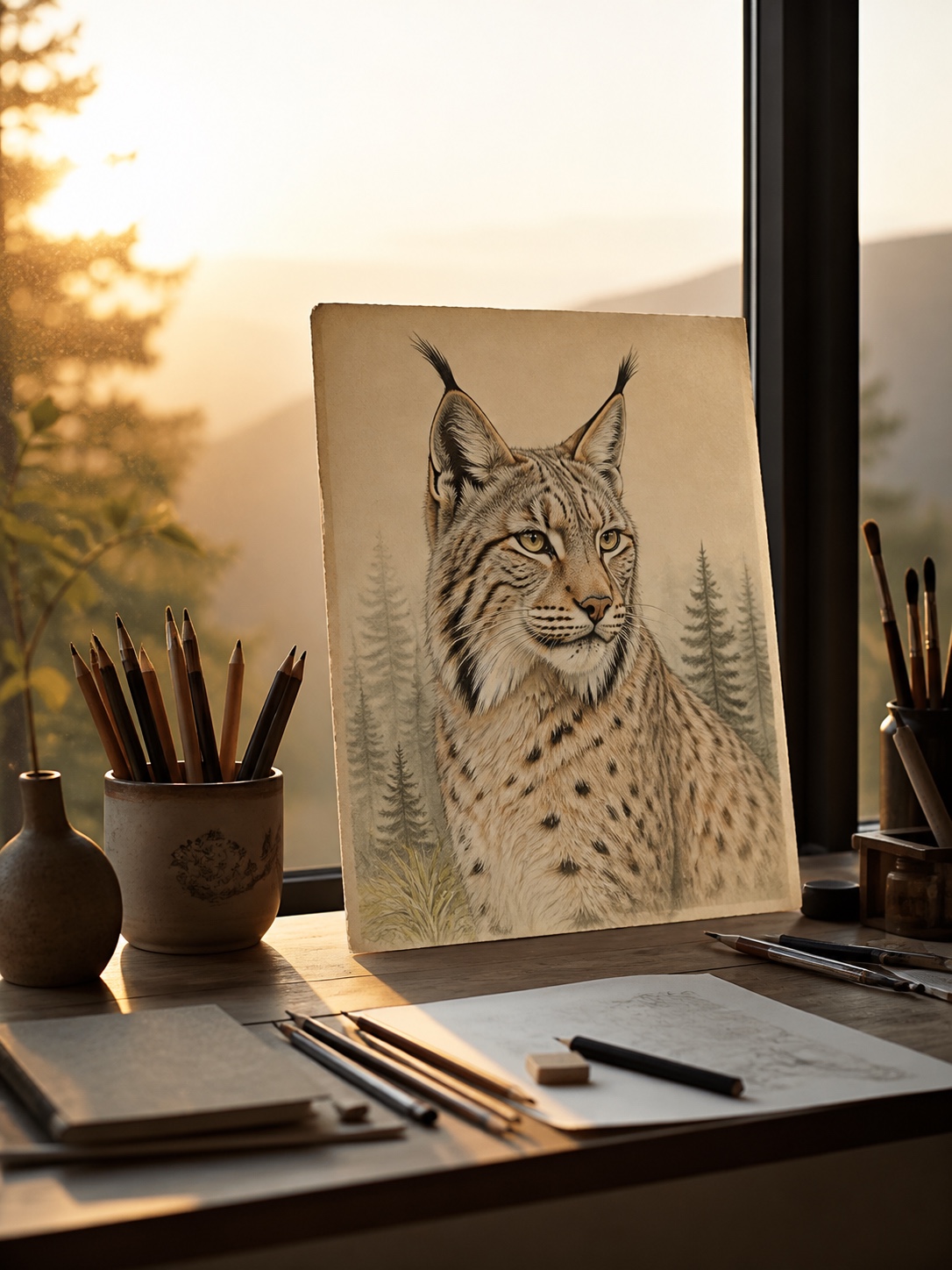 Completed lynx illustration propped near a studio window with soft golden backlight around the paper.