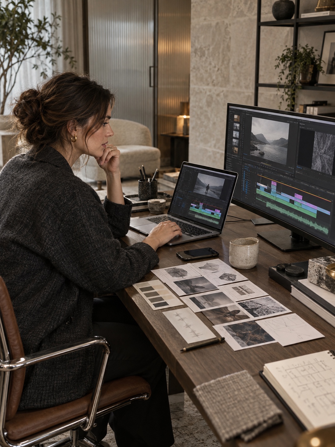 Compound clips and organized layers Creative director reviewing organized video layers at a smoked-oak worktable | Sky Rye Design Creative director reviewing organized video layers at a smoked-oak worktable