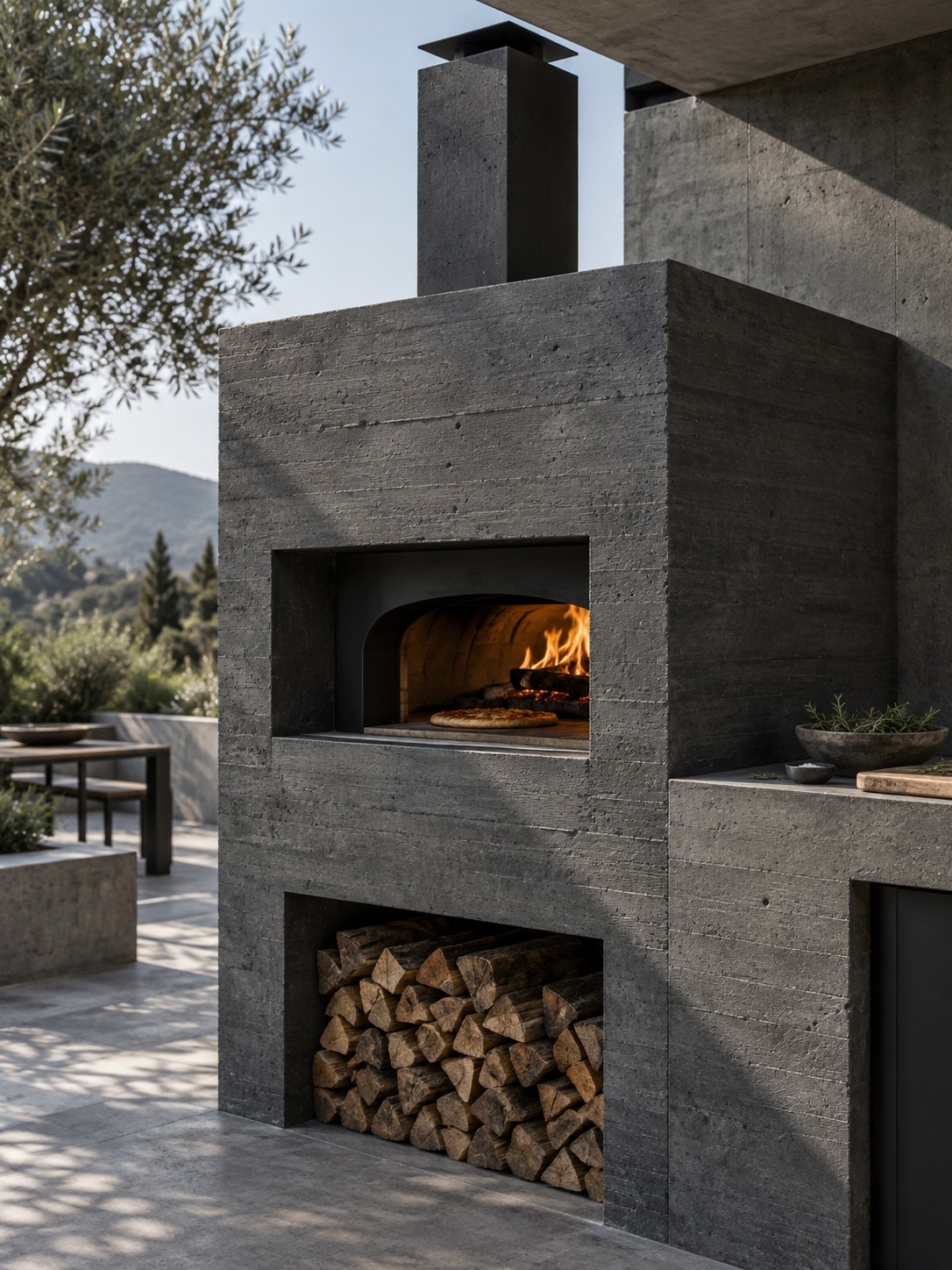 Concrete pizza oven modern enclosure Modern pizza oven enclosure in dark board-formed concrete | Sky Rye Design Modern pizza oven enclosure in dark board-formed concrete