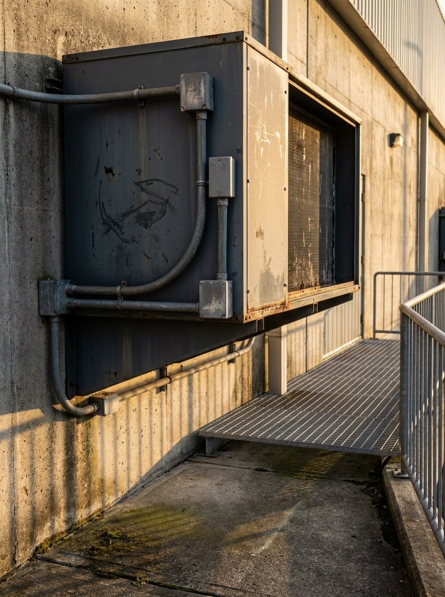 Condensing Unit Service Access Exterior refrigeration condensing unit with a clear service access path | Sky Rye Design Exterior refrigeration condensing unit with a clear service access path