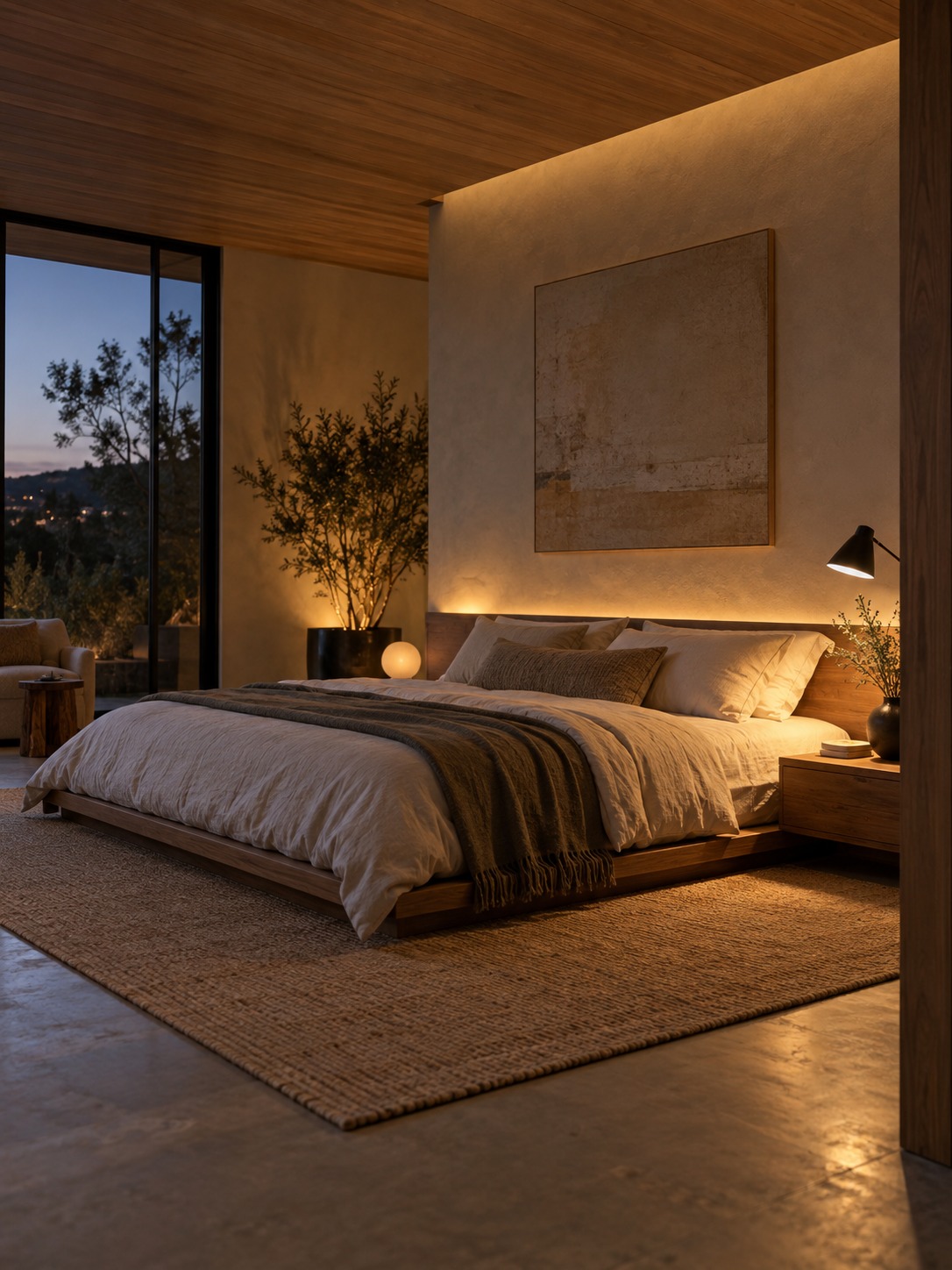 Contemporary bedroom with warm wood and layered ambient and accent lighting