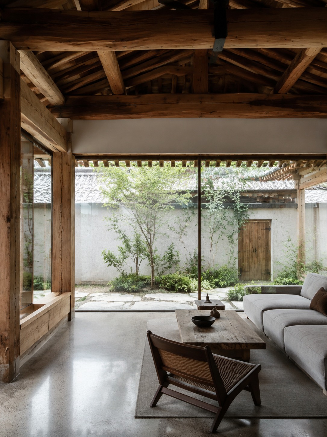 Contemporary hanok living space with exposed beams and a courtyard beyond glass.