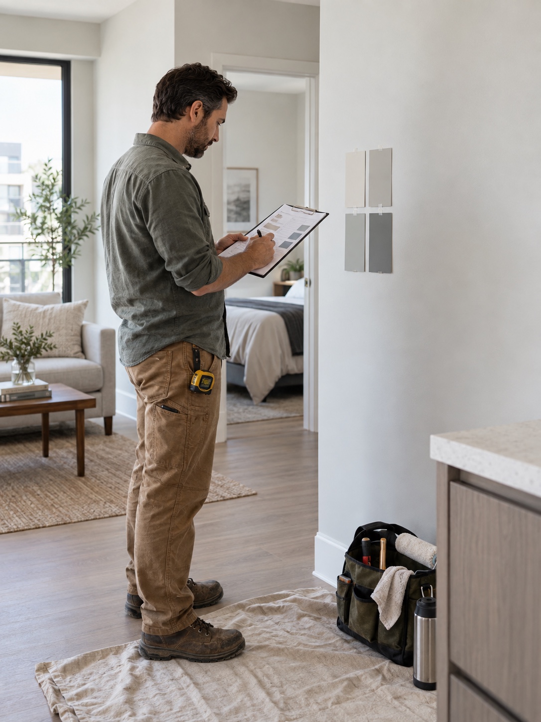 Contractor comparing a finish schedule and paint codes beside a repainted wall