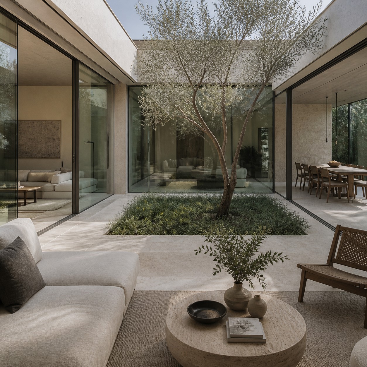 Modern courtyard home with full-height glass, travertine floors, a covered terrace, and a sculptural tree.