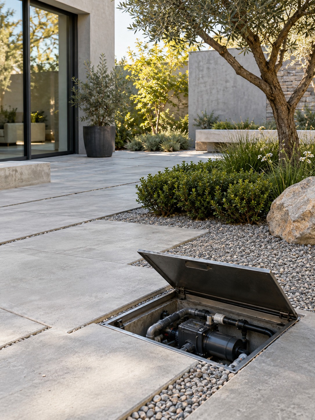 Below-grade irrigation pump housing integrated into a minimalist modern courtyard