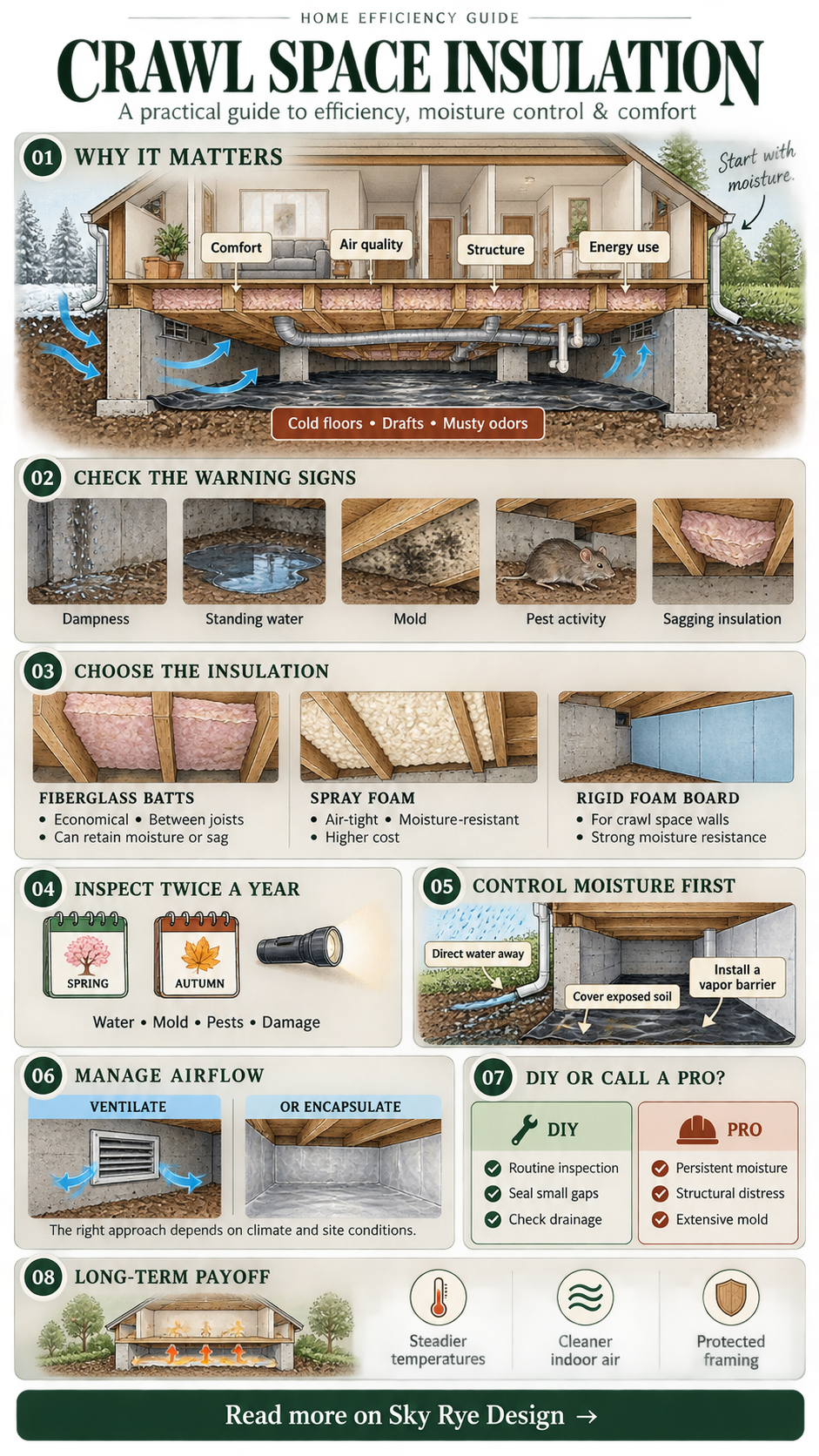 Infographic guiding crawl space insulation with eight steps from why it matters to long-term payoff.