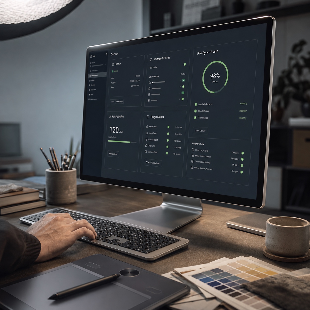 Monitor showing a creative software diagnostic UI for licensing, fonts, plugins, and sync health.