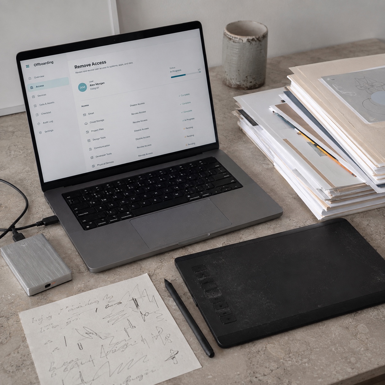 Laptop and project folders showing an access removal dashboard for creative studio offboarding.