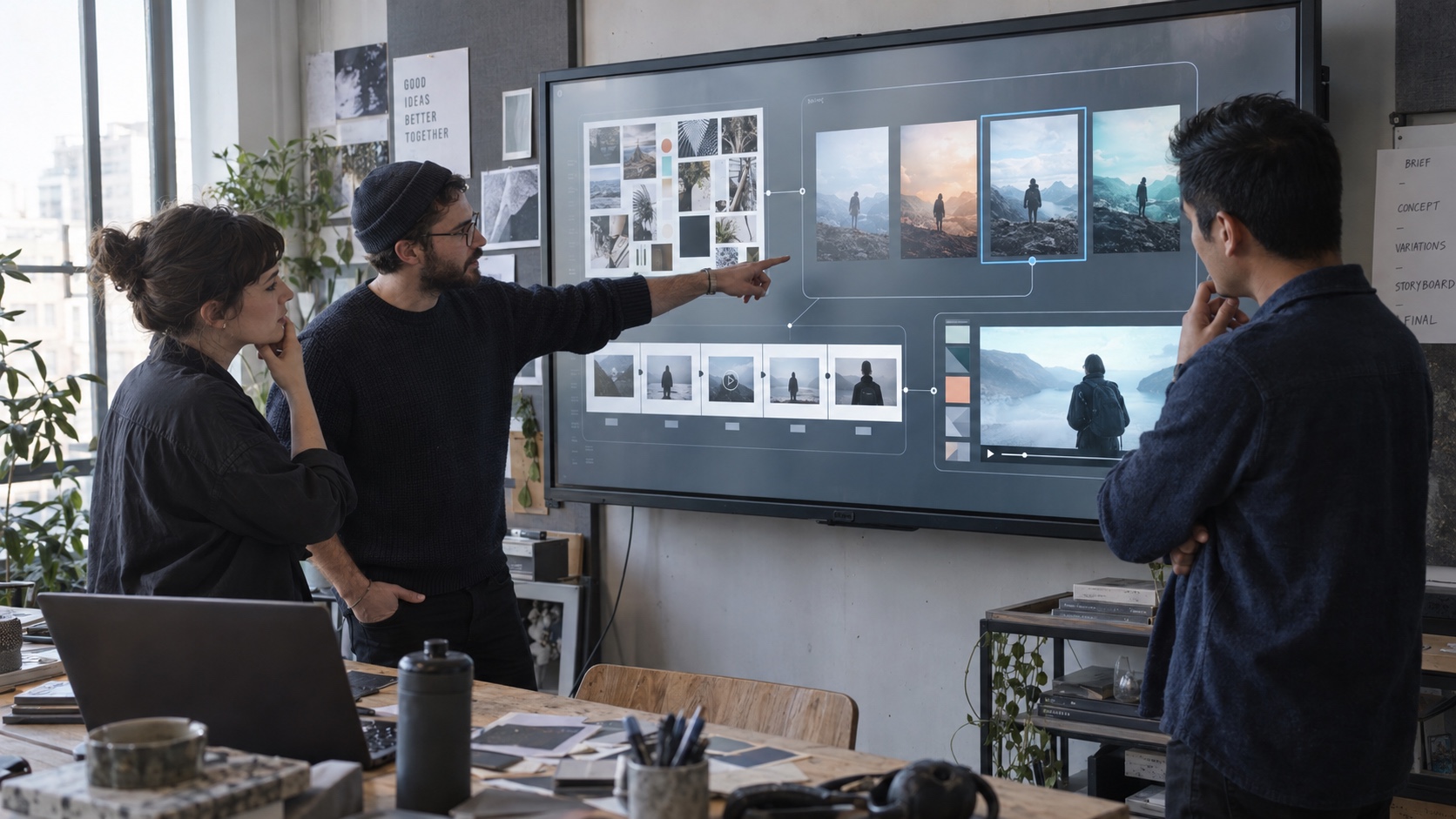 Creative Team Reviewing an Infinite Canvas Designer, marketer, and video editor reviewing references, campaign variations, and storyboard frames on a shared infinite canvas | Sky Rye Design Designer, marketer, and video editor reviewing references, campaign variations, and storyboard frames on a shared infinite canvas