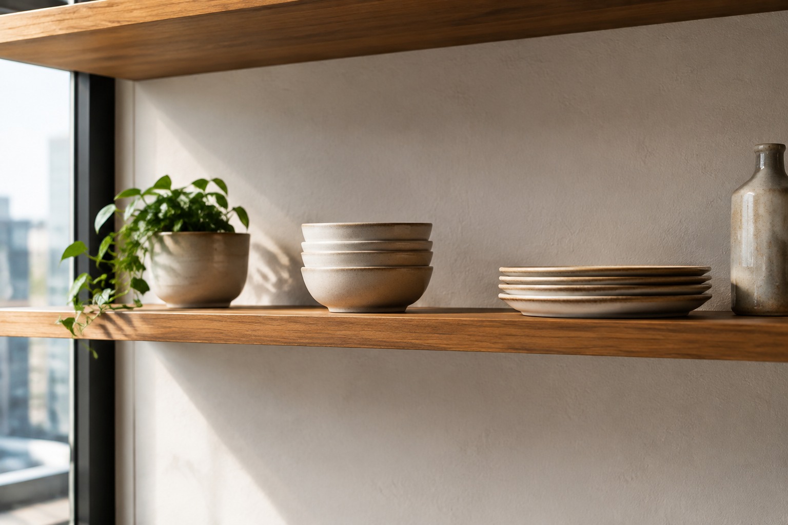 Curated Open Kitchen Shelf Open kitchen shelf styled with ceramics and a single plant | Sky Rye Design Open kitchen shelf styled with ceramics and a single plant