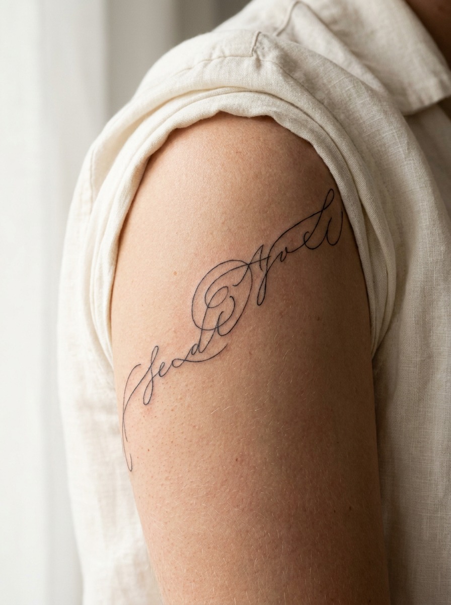 Elegant script-style tattoo following the natural arc of the shoulder cap
