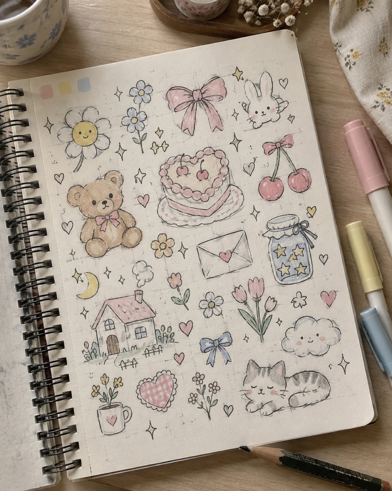 Cute aesthetic doodle ideas Cute aesthetic doodle ideas with flowers, teddy bear, bows, cherries, cake, envelope, house, and sleeping cat | Sky Rye Design Cute aesthetic doodle ideas with flowers, teddy bear, bows, cherries, cake, envelope, house, and sleeping cat