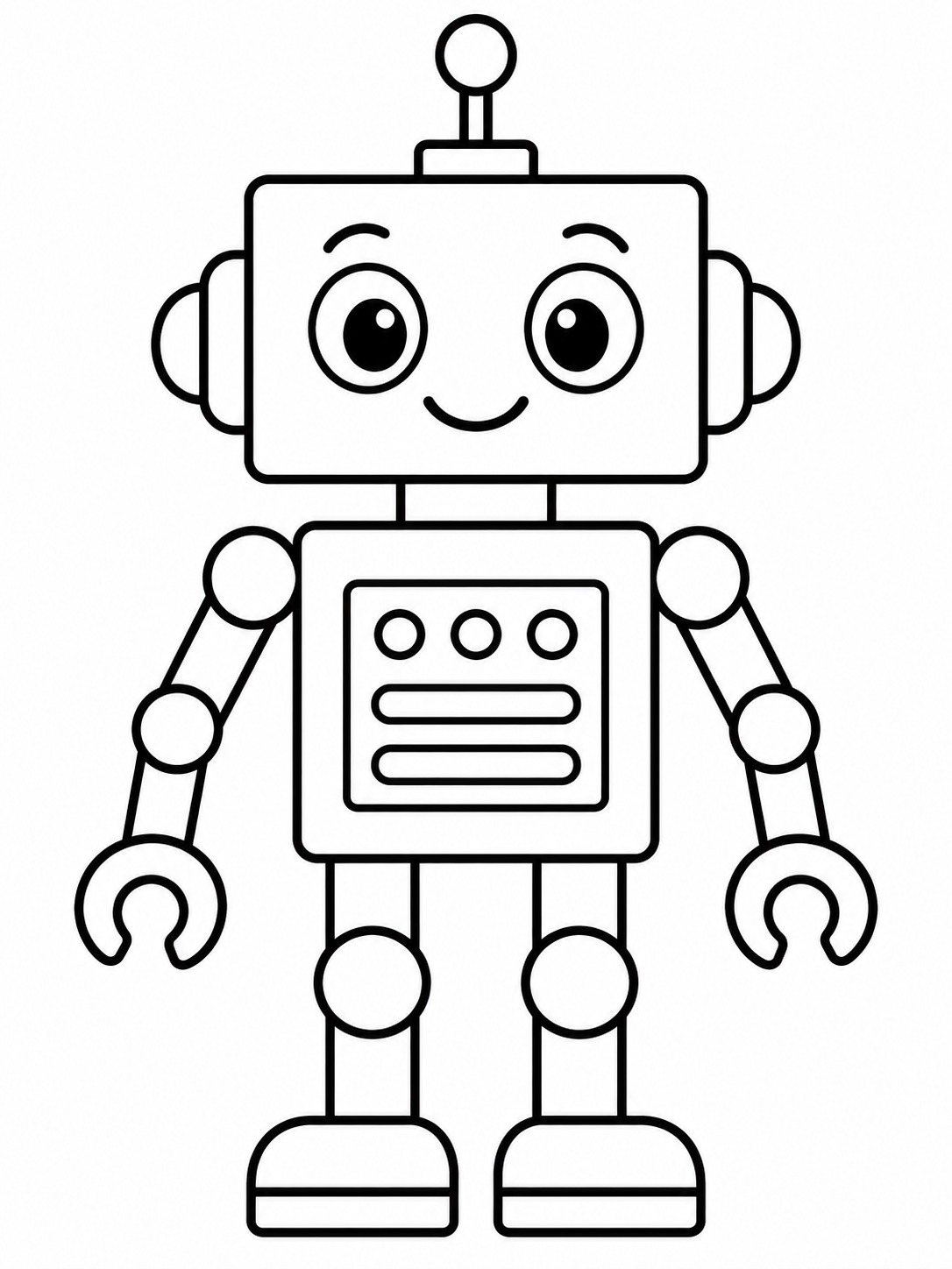 Cute robot coloring page Smiling, friendly cartoon robot with a square head and round eyes, standing facing forward. | Sky Rye Design Friendly robot built from rectangles, circles, and large easy-to-color parts.