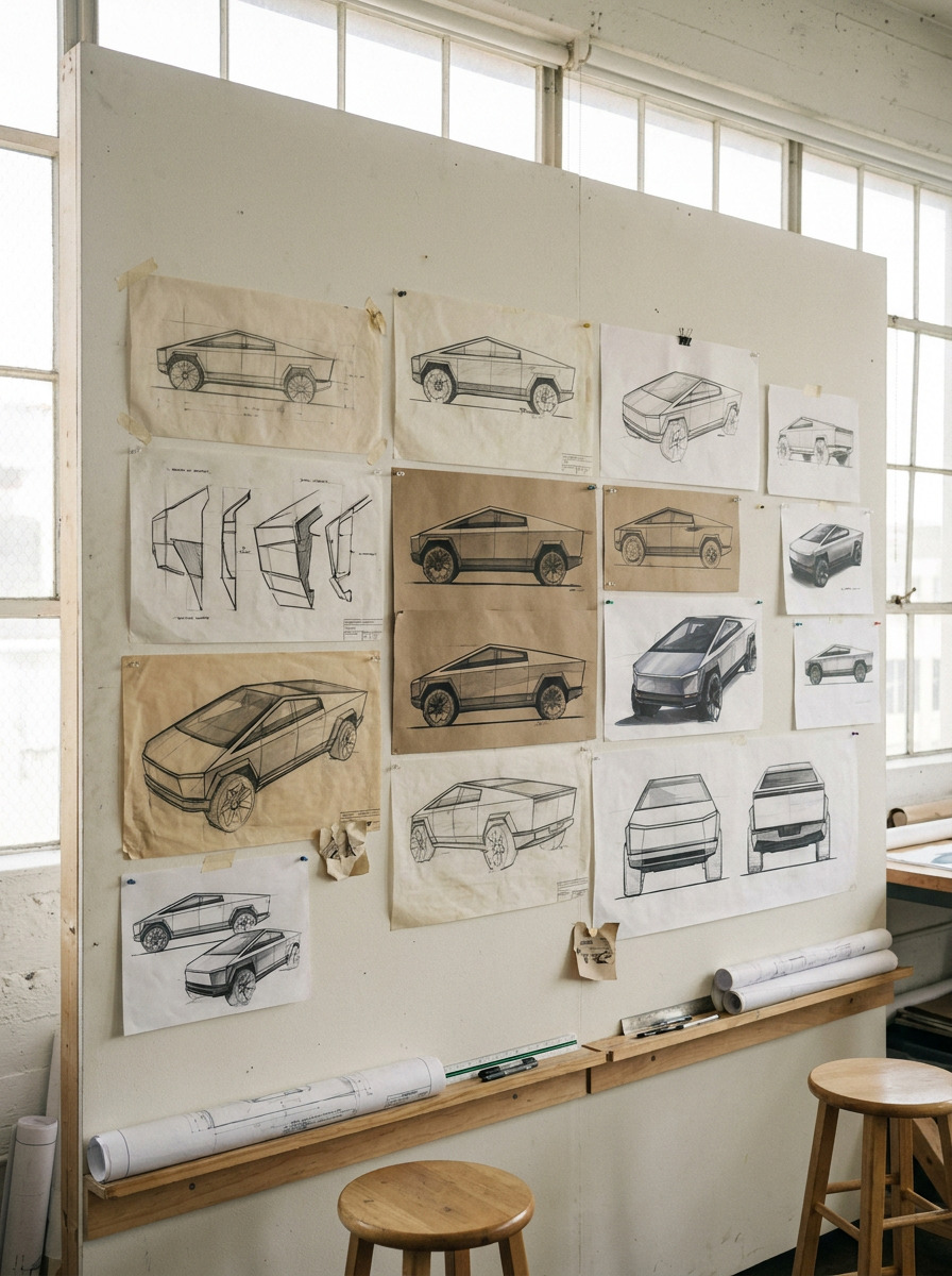 Cybertruck study sketches arranged on a studio critique wall