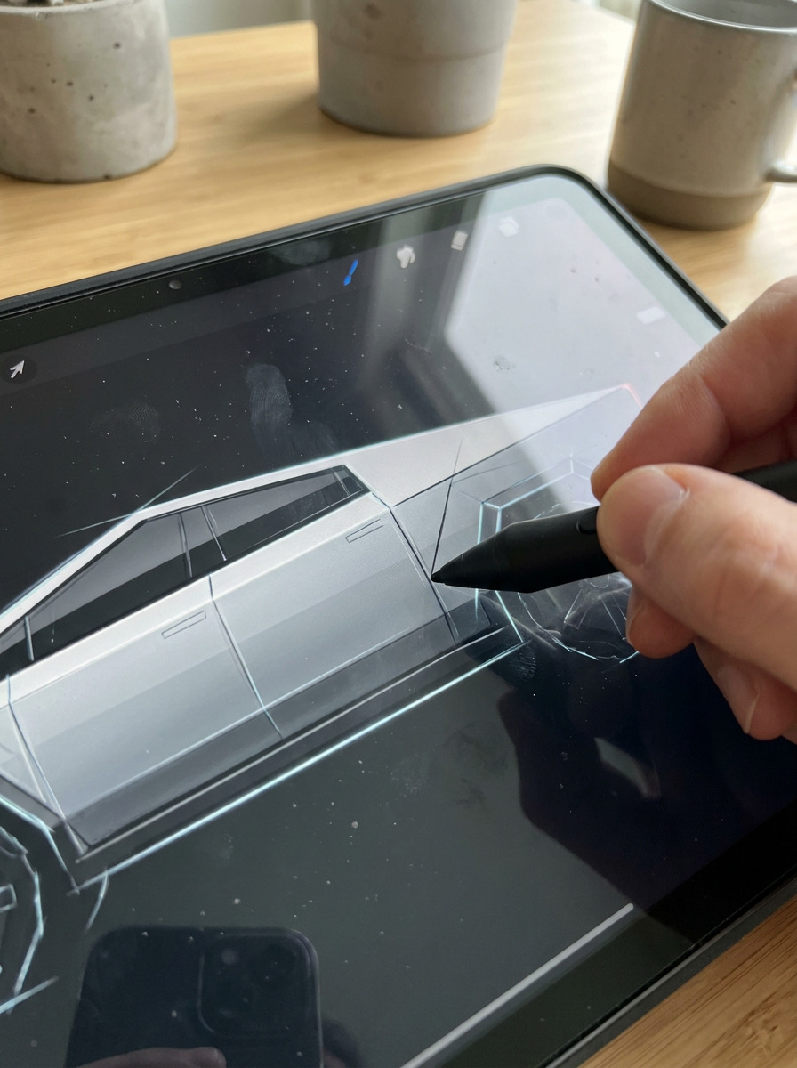 Stylus drawing a hard crease on a digital Cybertruck illustration