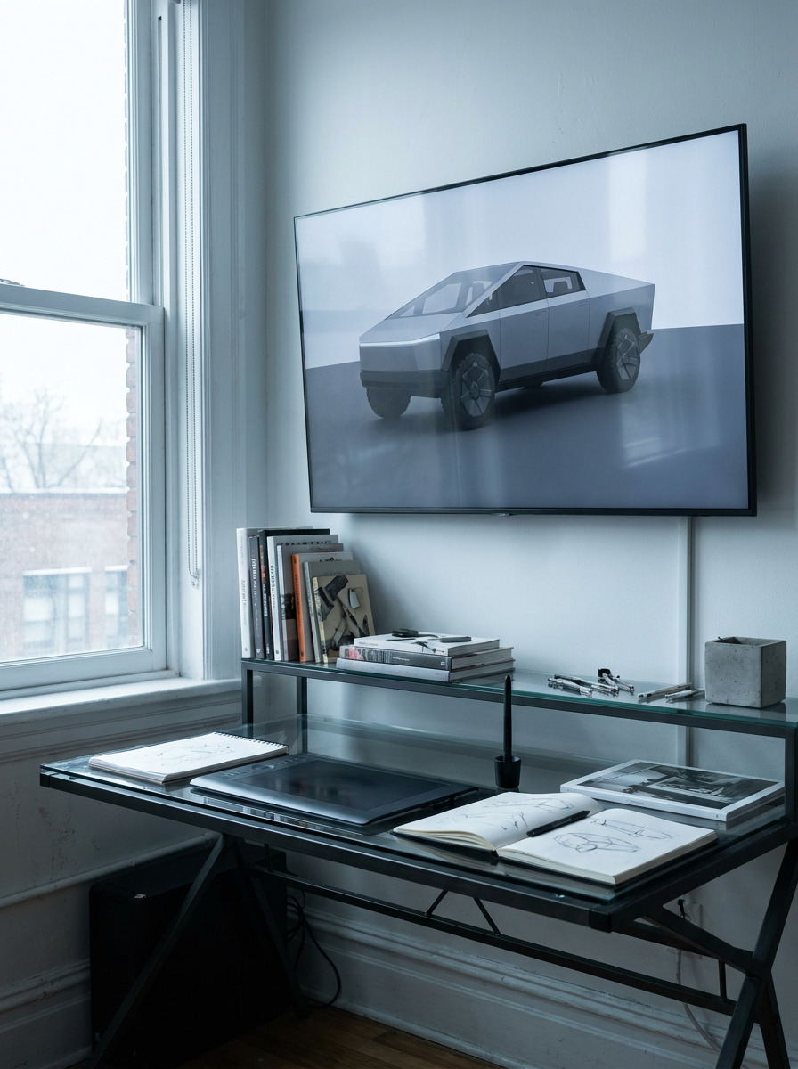 Digital Cybertruck rendering on a studio monitor