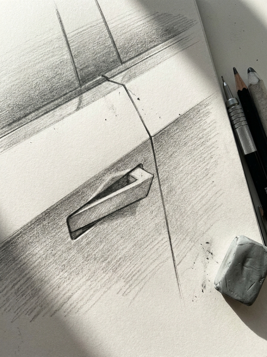 Graphite detail of a Cybertruck door seam and flush handle