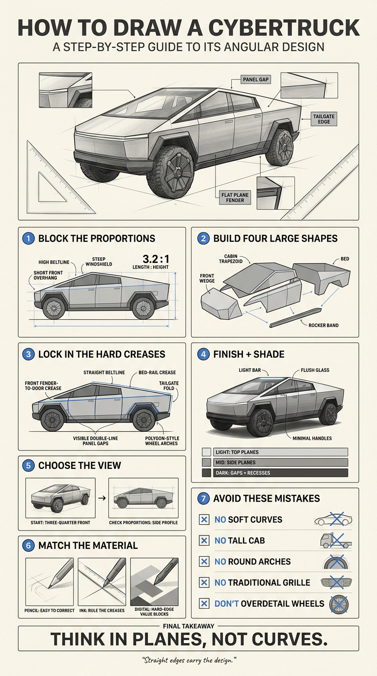 Cybertruck drawing infographic showing proportions, hard creases, shading, views, materials, and common mistakes