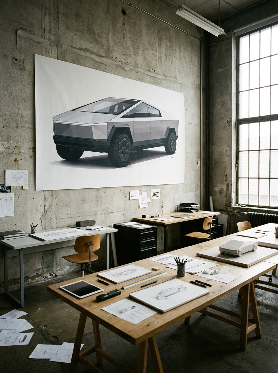 Faceted Cybertruck illustration displayed on a design studio wall